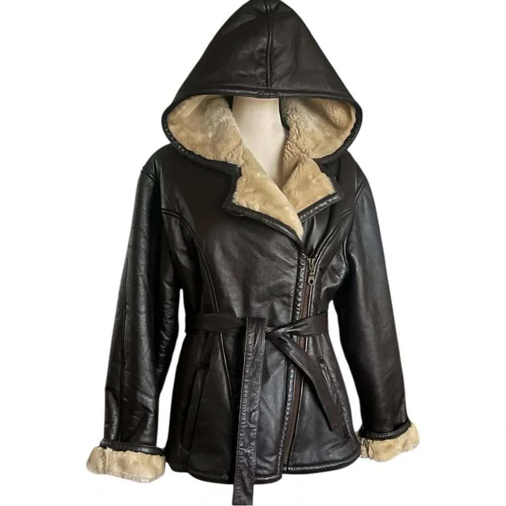 Wilson Leather Hooded Faux Fur Lined Zipper Belted Jacket. Size Small.